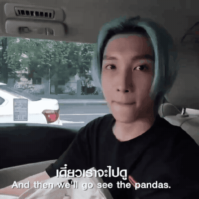 A Man With Blue Hair Is Sitting In The Back Seat Of A Car With The Words " And Then We 'Ll Go See The Pandas " GIF