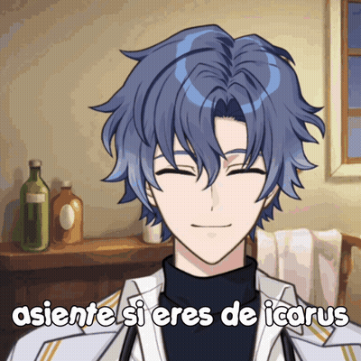 A Man With Blue Hair Is Smiling And Has The Words Asiente Si Eres De Icarus Above Him GIF
