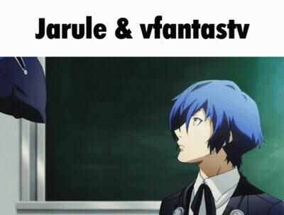 A Man With Blue Hair Is Standing In Front Of A Blackboard With The Words Jarule & Vfantastv Above Him GIF