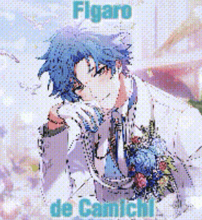 A Man With Blue Hair Is Wearing A White Suit And Tie With A Bouquet Of Flowers . GIF