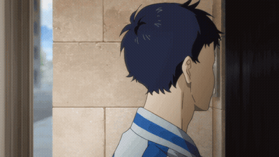A Man With Blue Hair Looks Out A Doorway GIF