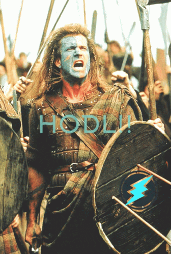 A Man With Blue Paint On His Face Is Holding A Sword And Shield And The Word Hodl Is Above Him GIF