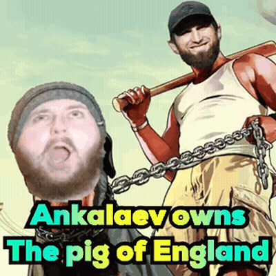 A Man With Chains Around His Neck Is Holding A Baseball Bat And The Words " Ankalev Owns The Pig Of England " GIF