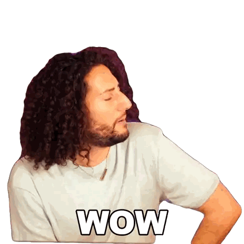 A Man With Curly Hair And A Beard Is Wearing A Wow Shirt Sticker