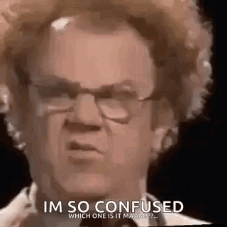 A Man With Curly Hair And Glasses Is Making A Funny Face And Saying `` Im So Confused Which One Is It ? '' GIF