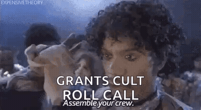 A Man With Curly Hair Is Holding A Pig And Says `` Grants Cult Roll Call Assembly Your Crew '' . GIF