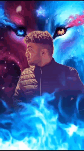 A Man With Curly Hair Is Standing In Front Of A Painting Of A Wolf With Blue Eyes GIF
