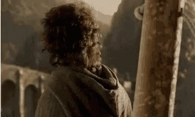 A Man With Curly Hair Is Standing Next To A Tree Looking At The Mountains . GIF