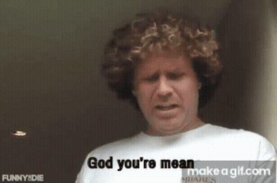 A Man With Curly Hair Is Wearing A White Shirt That Says God You 'Re Mean . GIF