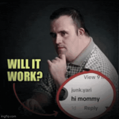A Man With Down Syndrome Is Holding His Hand To His Chin In Front Of A Circle That Says Will It Work On It GIF