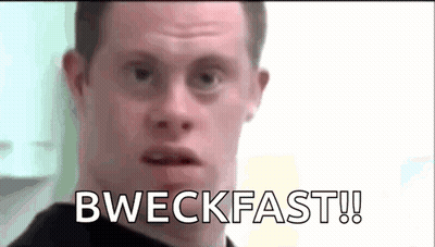 A Man With Down Syndrome Is Making A Funny Face And Says Bweckfast ! GIF