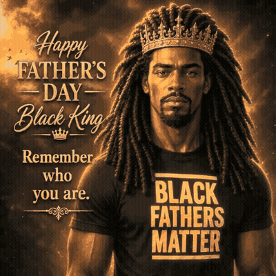 A Man With Dreadlocks And A Crown On His Head Is Wearing A Shirt That Says Black Fathers Matter GIF