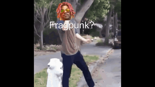 A Man With Dreadlocks And Sunglasses Is Standing Next To A Fire Hydrant With The Words Fragpunk Written On It GIF