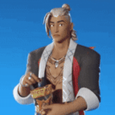 A Man With Dreadlocks Is Holding A Bag Of Chips In His Hand . GIF