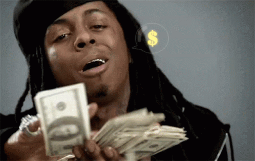 A Man With Dreadlocks Is Holding A Stack Of Money With A Dollar Sign In The Background GIF