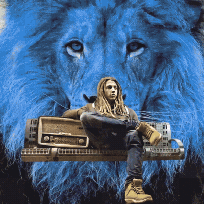 A Man With Dreadlocks Sits On A Bench With A Lion Behind Him GIF
