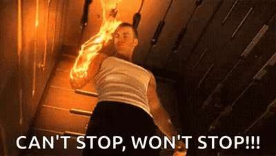 A Man With Flames On His Arm Says " Can 'T Stop Won 'T Stop !! " GIF
