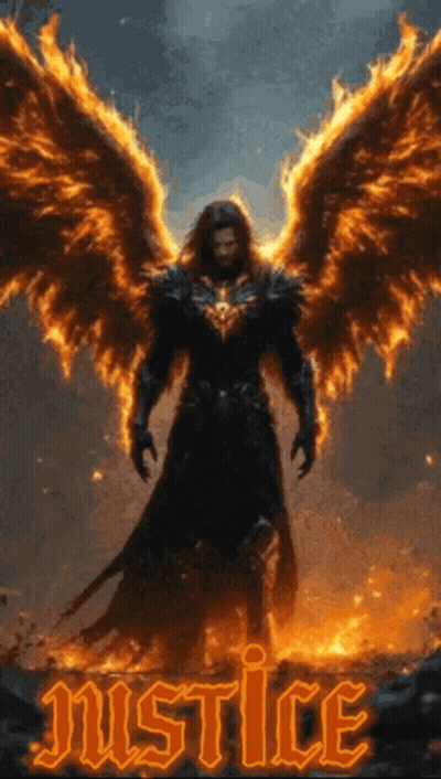 A Man With Flaming Wings And The Word Justice Written Below Him GIF