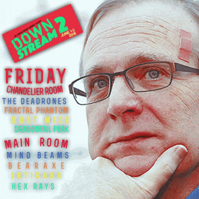 A Man With Glasses And A Bandage On His Forehead Is On The Cover Of A Poster For Downstream 2 GIF