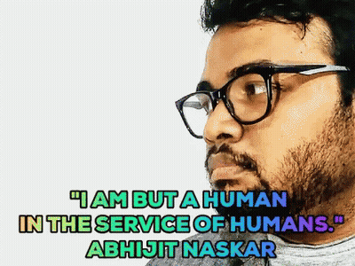 A Man With Glasses And A Beard Has The Words " I Am But A Human In The Service Of Humans " GIF