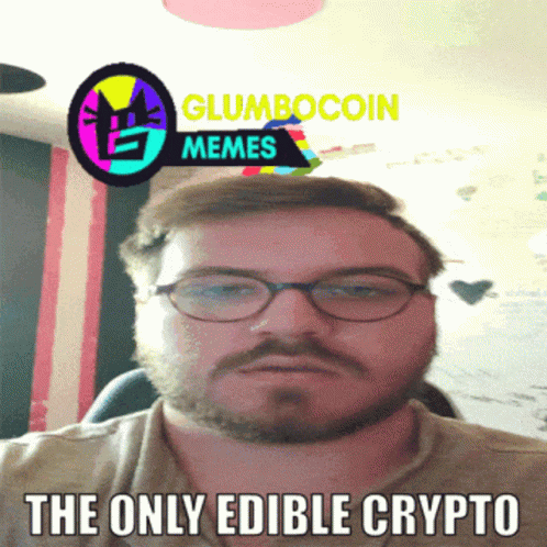 A Man With Glasses And A Beard Has The Words " The Only Edible Crypto " On His Face GIF