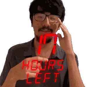 A Man With Glasses And A Beard Is Holding A Digital Clock That Says Hours Left Sticker