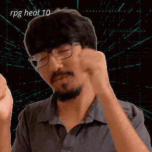 A Man With Glasses And A Beard Is Making A Funny Face With The Words Rpg Heal 10 Behind Him GIF