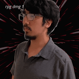 A Man With Glasses And A Beard Is Standing In Front Of A Black Background That Says Rpg Dmg GIF