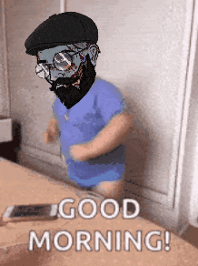 A Man With Glasses And A Beard Is Standing Next To A Table And Says Good Morning GIF