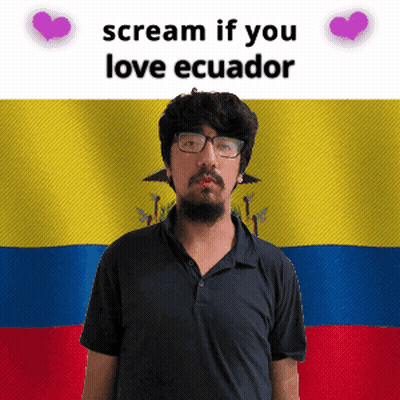 A Man With Glasses And A Beard Stands In Front Of A Flag That Says " Scream If You Love Ecuador " GIF