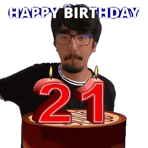 A Man With Glasses And A Birthday Cake With The Number 21 On It Sticker