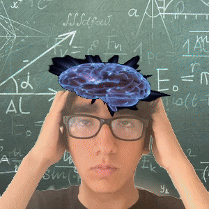A Man With Glasses And A Blue Brain On His Head In Front Of A Blackboard GIF