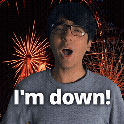 A Man With Glasses And A Ferris Wheel Behind Him Says I 'M Down GIF