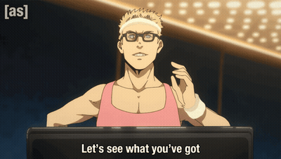 A Man With Glasses And A Headband Says Let 'S See What You 'Ve Got On A Screen GIF