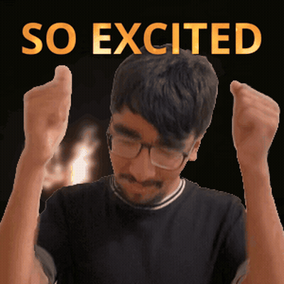 a man with glasses and a mustache has his hands in the air with the words so excited above him