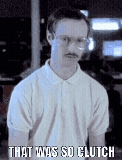 A Man With Glasses And A Mustache Has The Words That Was So Clutch Below Him GIF