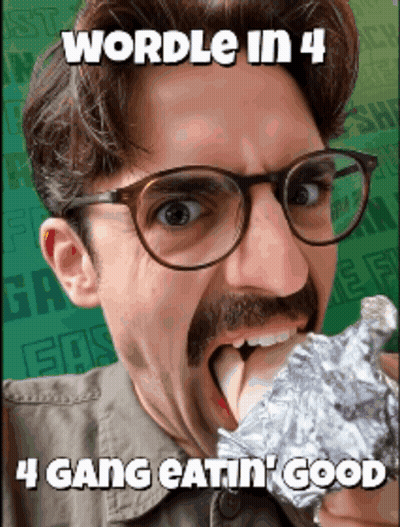 A Man With Glasses And A Mustache Is Eating A Potato Wrapped In Aluminum Foil GIF
