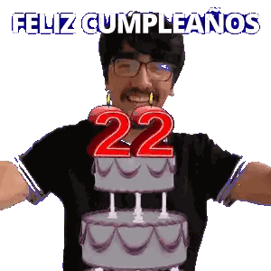 A Man With Glasses And A Mustache Is Holding A Cake With The Number 22 On It Sticker