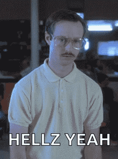 A Man With Glasses And A Mustache Is Standing In Front Of A Sign That Says " Hellz Yeah " GIF