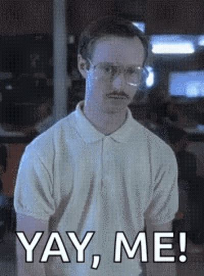 A Man With Glasses And A Mustache Is Wearing A White Shirt And Saying Yay Me . GIF