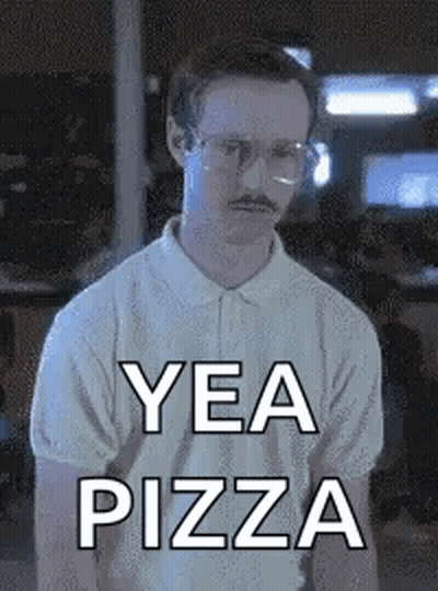 A Man With Glasses And A Mustache Is Wearing A White Shirt And Says Yea Pizza . GIF