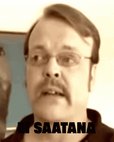 A Man With Glasses And A Mustache Says " Saatana " In Black Letters GIF