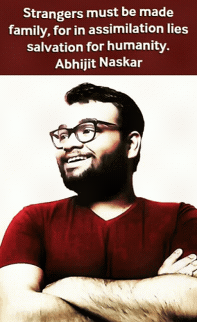 A Man With Glasses And A Red Shirt With A Quote From Abhijit Naskar GIF