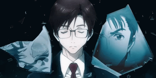A Man With Glasses And A Red Tie Stands In Front Of A Broken Mirror GIF