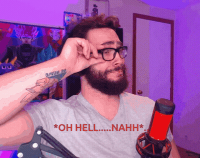 A Man With Glasses And A Tattoo On His Arm Is Standing In Front Of A Microphone And Says Oh Hell Nahh GIF