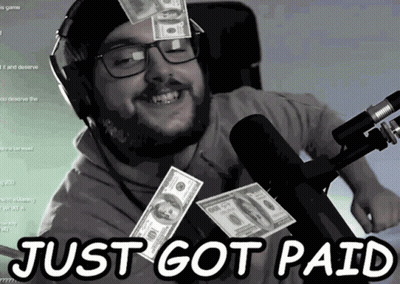 A Man With Glasses And Headphones Is Smiling With Money Falling Around Him And The Words Just Got Paid Above Him GIF
