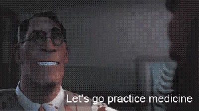 A Man With Glasses And The Words Let 'S Go Practice Medicine Behind Him GIF
