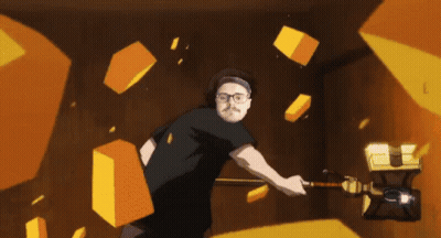 A Man With Glasses Is Holding A Hammer In A Room With Yellow Cubes Flying Around Him GIF