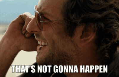 A Man With Glasses Is Laughing With The Words That 'S Not Gonna Happen Above Him GIF
