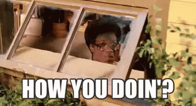 A Man With Glasses Is Looking Out Of A Window With The Words `` How You Doin ? '' Written Above Him . GIF